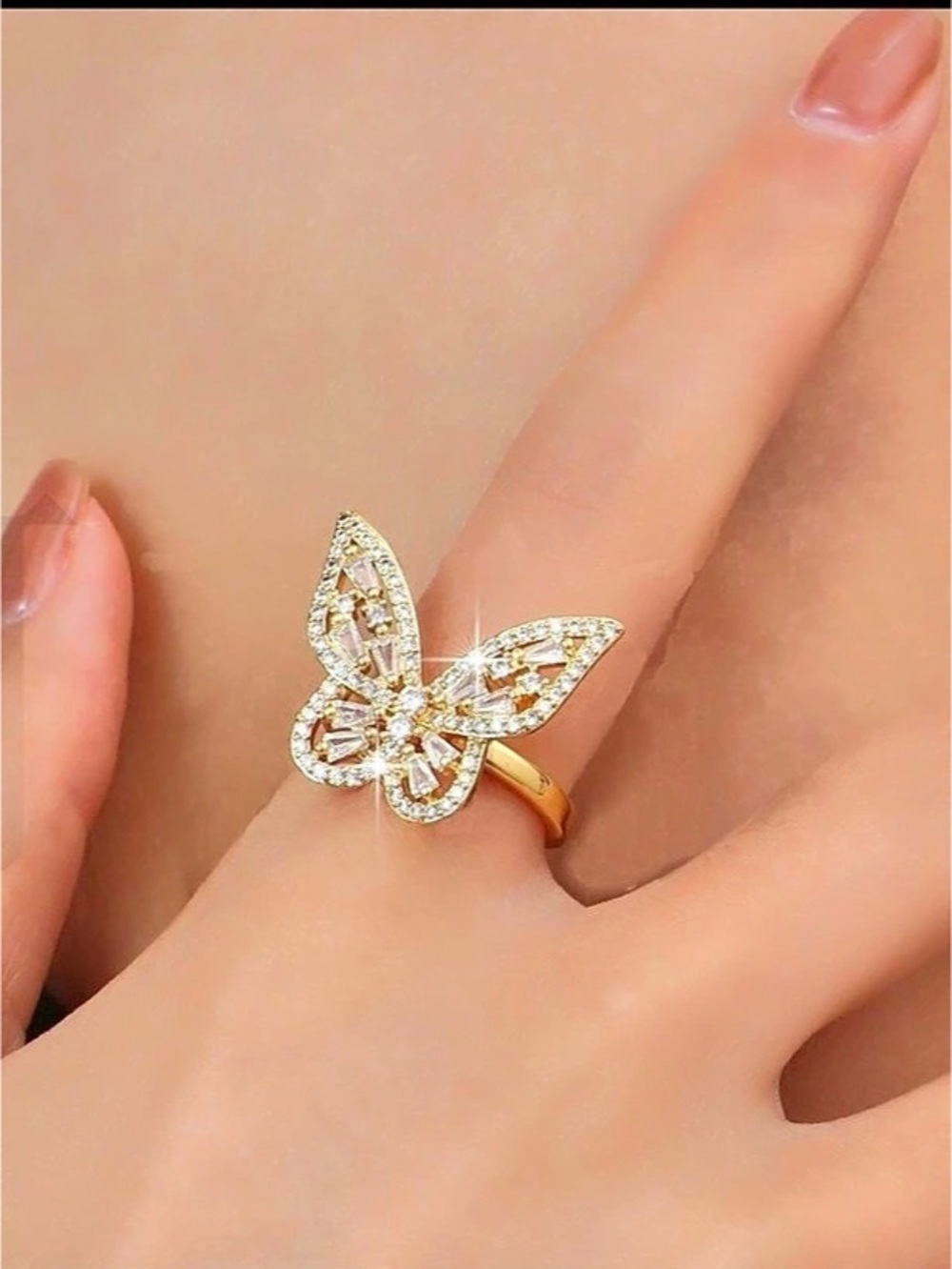New Fashion Jewelry Butterfly Adjustable Gold Rhinestone Statement Ring Bling
